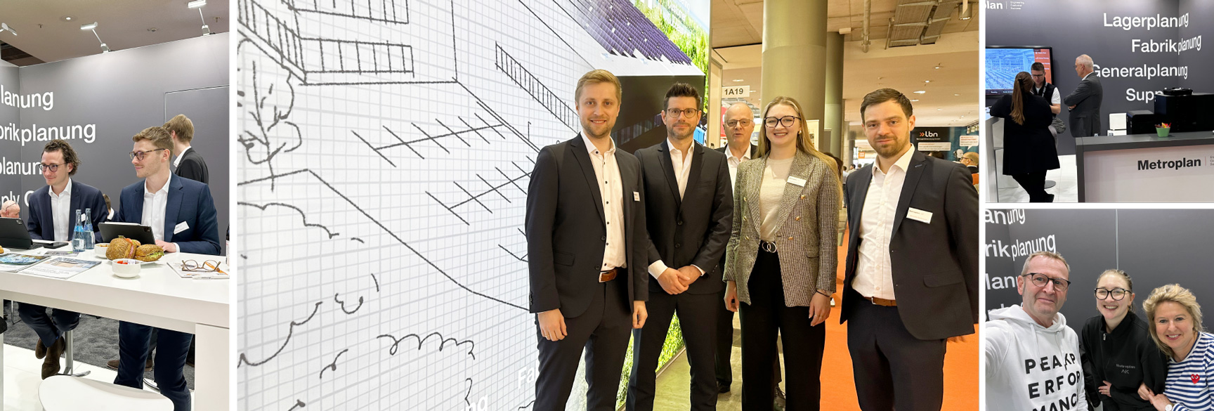 Mitarbeiterinnen und Mitarbeiter von Metroplan stehen am modernen Messestand und führen Gespräche mit Messebesuchenden; im Hintergrund sind Begriffe wie „Lagerplanung“ und „Fabrikplanung“ sichtbar.