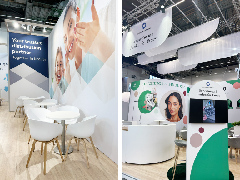 Zwei helle Messestandbereiche mit weißem Mobiliar, großflächigen Fotos von lächelnden Menschen, modernen Bannern mit Slogans wie „Touching Technologies“ und „Expertise and Passion for Esters“, dekoriert mit Pflanzen und digitalen Präsentationen.