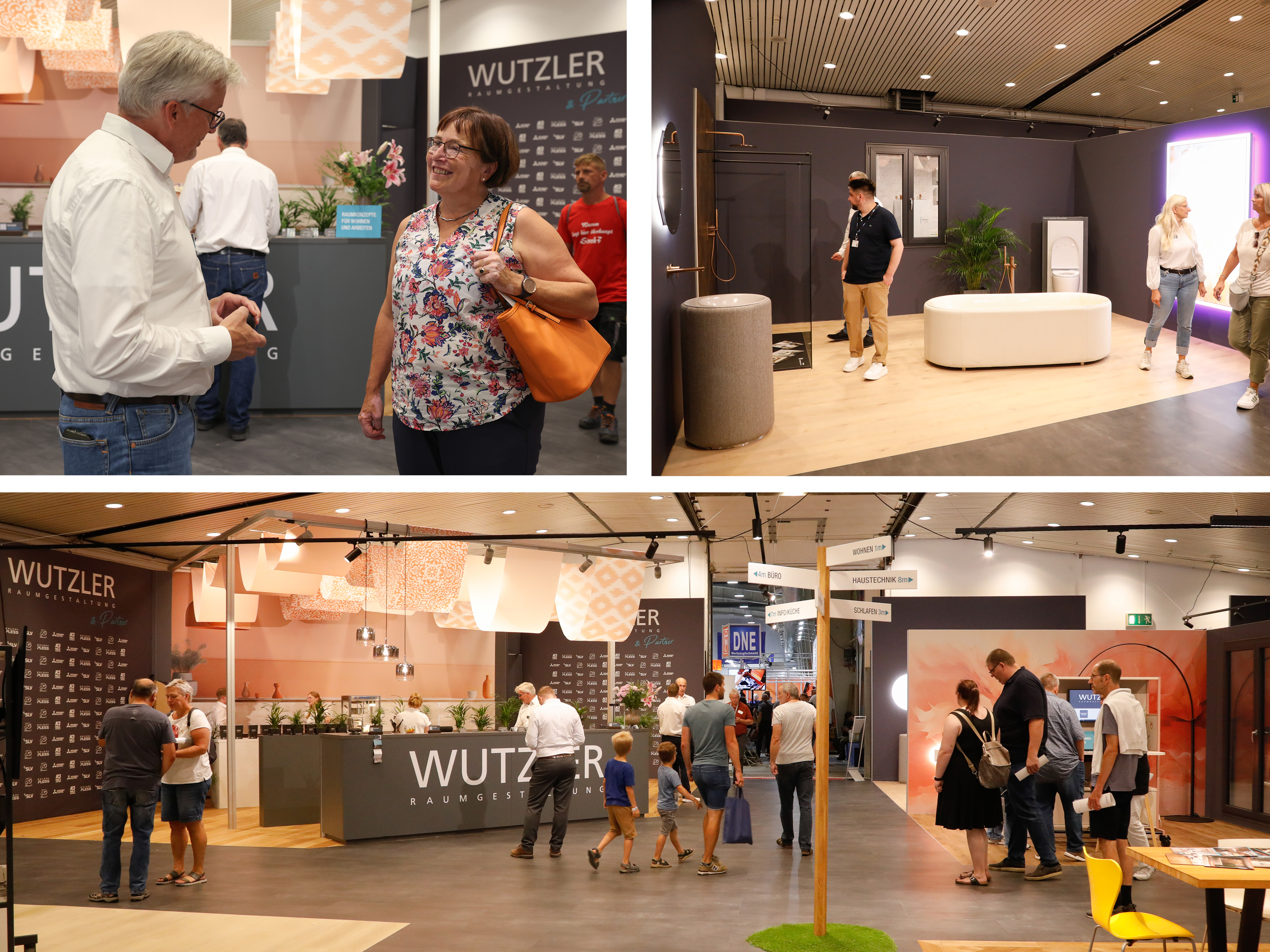 Drei Aufnahmen vom Wutzler-Messestand: links ein Gespräch zwischen zwei Personen, rechts ein Bad-Ausstellungsbereich mit freistehender Wanne, unten ein breiter Standzugang mit Besuchenden und einem Wegweiser im Zentrum.