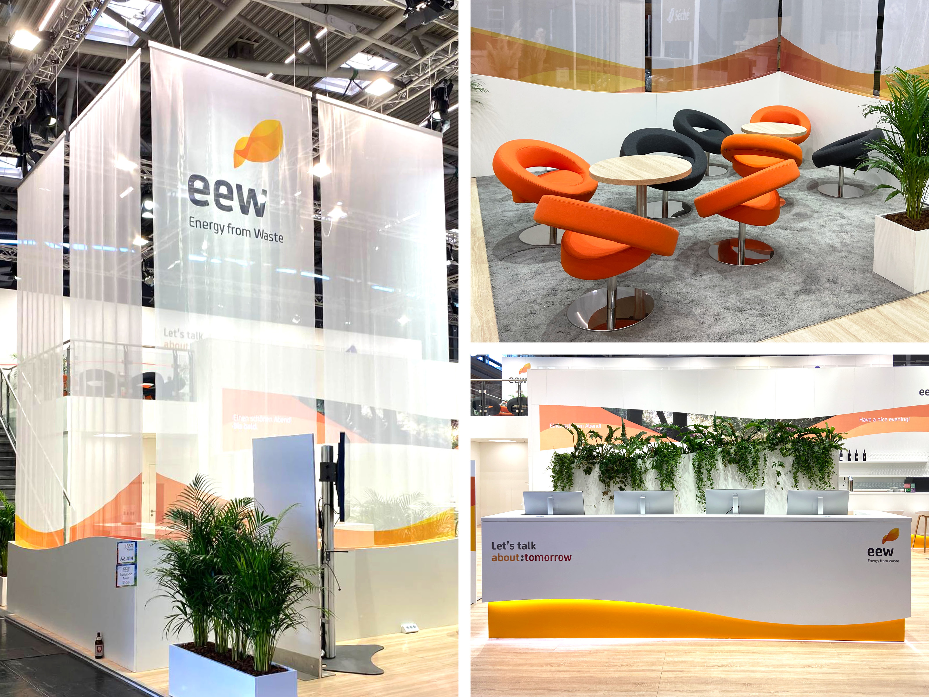 Messestand von eew – Energy from Waste mit lichtdurchlässiger Architektur, weißen Wänden, orangefarbenen Loungestühlen, Pflanzen und einem Infocounter mit dem Slogan „Let’s talk about tomorrow“.