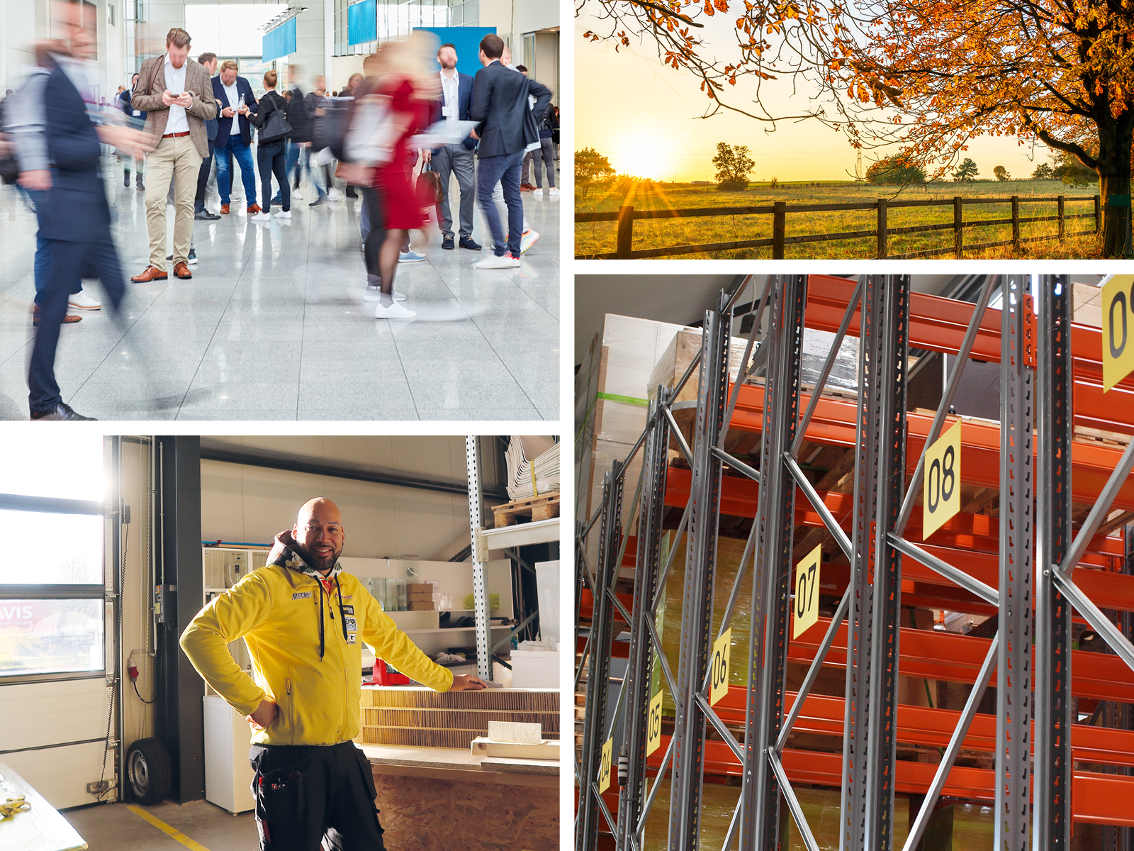 Collage mit Messebesuchern in Bewegung, herbstlicher Sonnenaufgang auf dem Land, Mitarbeiter in gelber Jacke in Werkstatt und nummeriertes Hochregallager mit orangen Streben.