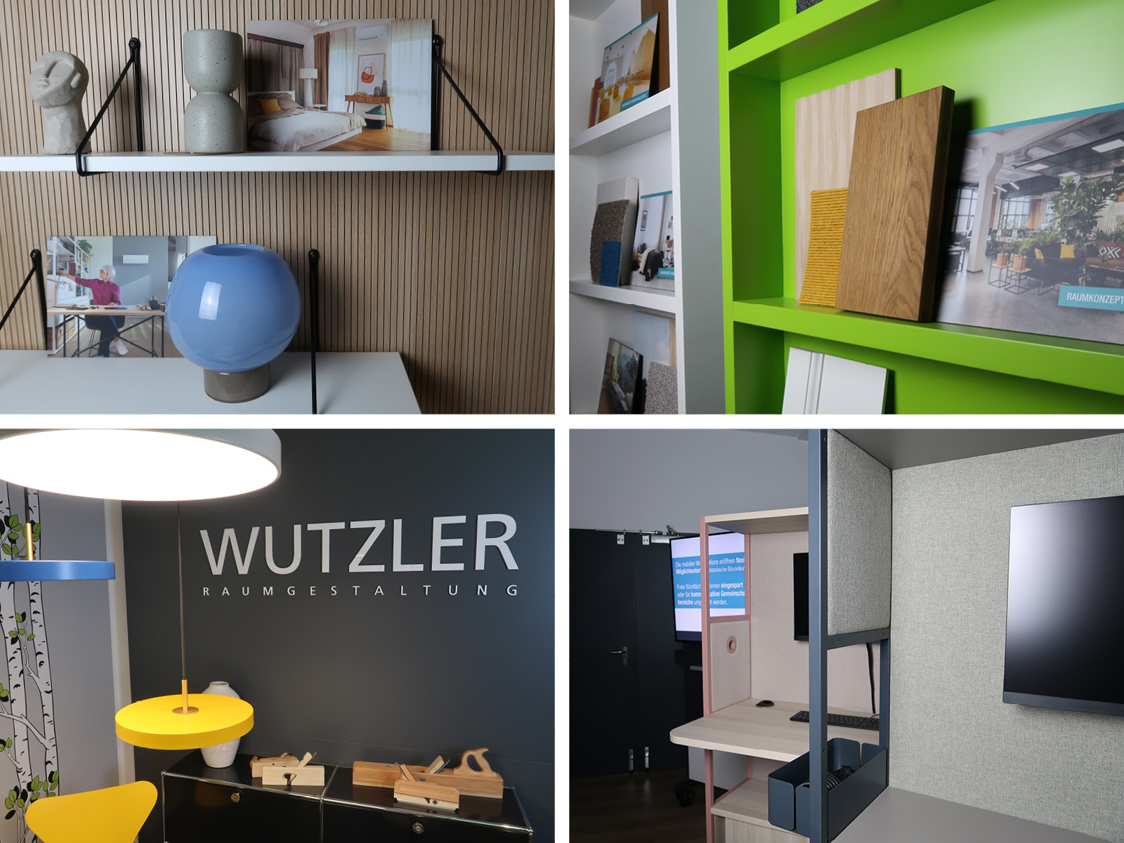 Innenaufnahmen eines Einrichtungskonzepts mit Regalen, Dekorationen, Materialmustern, farbenfrohen Designleuchten und funktionalen Arbeitsplätzen.