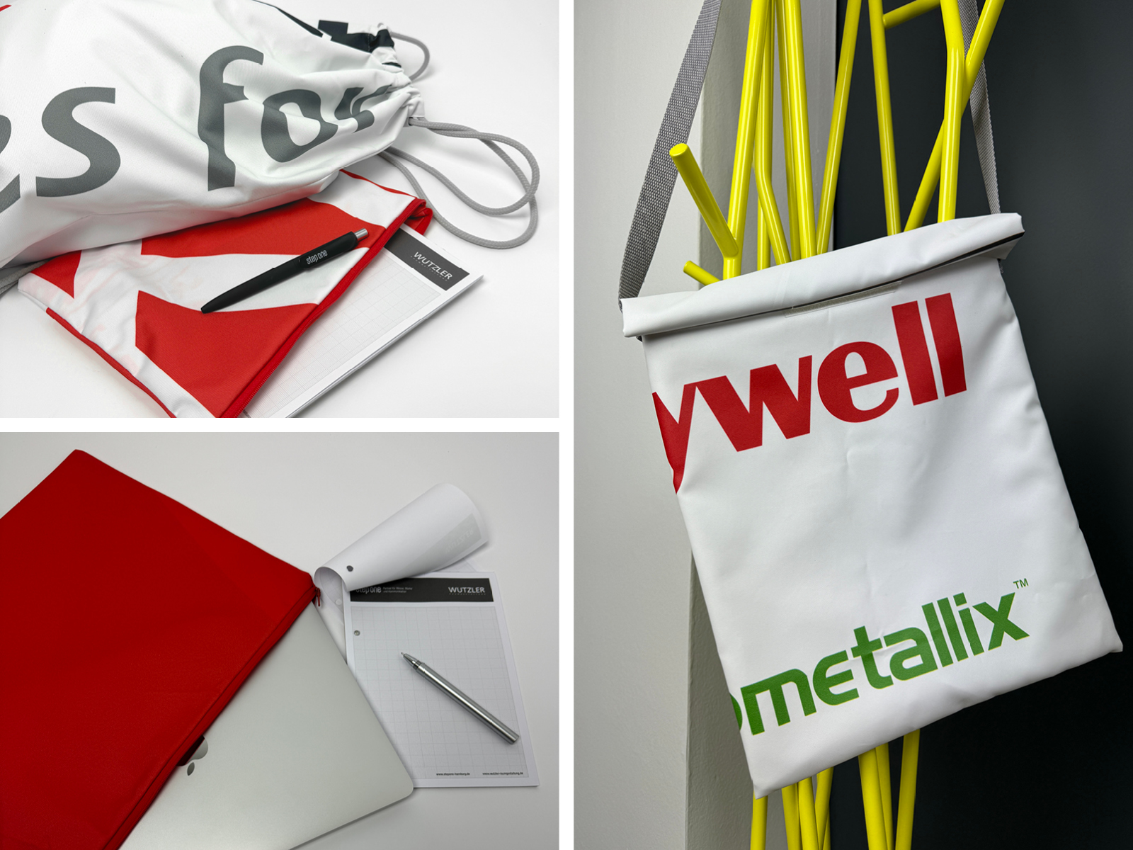 Drei verschiedene Upcycling-Taschen aus recycelten Werbebannern: ein Turnbeutel mit Kordelzug, ein roter Laptop-Sleeve mit MacBook und Block sowie eine weiße Umhängetasche mit farbigem Text, hängend an einem gelben Garderobenständer.