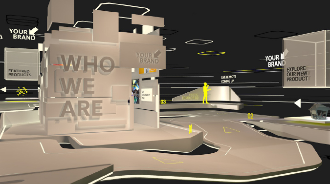 Ein digital gestalteter, futuristischer Messestand in einer virtuellen 3D-Umgebung. Große Schriftzüge wie 'WHO WE ARE' und 'EXPLORE OUR NEW PRODUCT' kennzeichnen verschiedene Bereiche. Ein geschwungener Weg mit leuchtenden Markierungen führt durch die Umgebung. Silhouetten von Menschen zeigen interaktive Elemente an. Die virtuelle Messewelt ermöglicht es Unternehmen, ihre Marke und Produkte in einem digitalen Raum zu präsentieren.