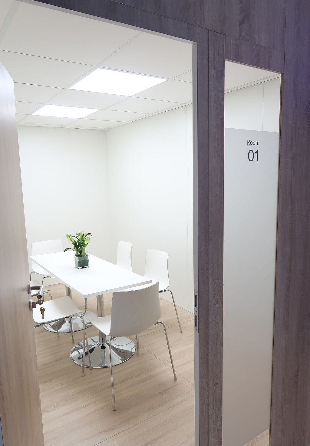 Offene Tür zu einem kleinen Besprechungsraum mit vier weißen Stühlen und einem weißen Tisch in der Mitte. Auf dem Tisch steht eine kleine Vase mit einer grünen Pflanze. Der Raum hat helle Wände und einen Boden in Holzoptik. An der Tür befindet sich eine Glasfläche mit der Aufschrift „Room 01“. Die Decke ist mit weißen LED-Paneelen beleuchtet.