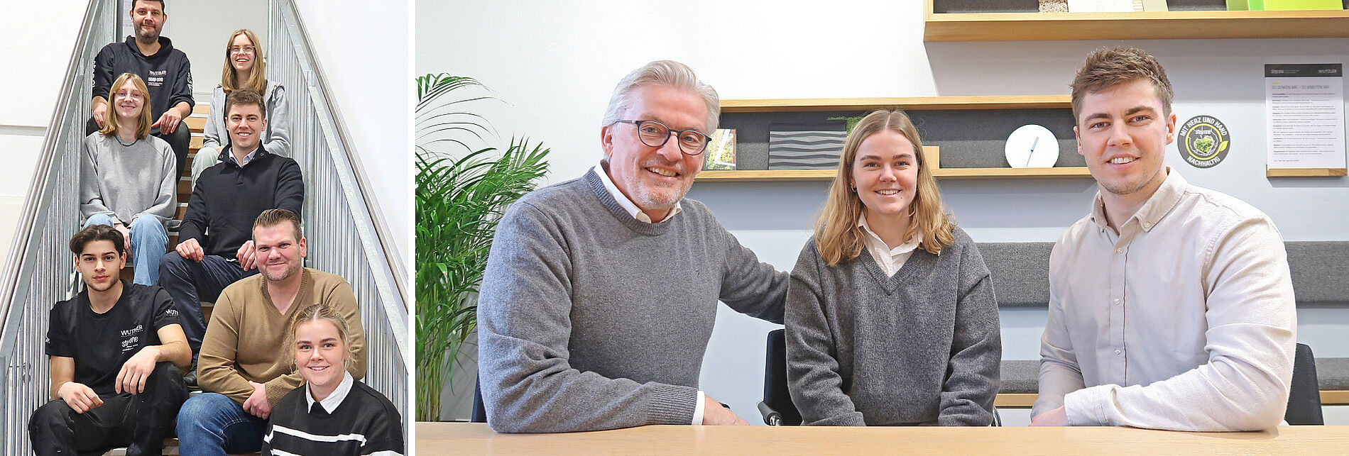 Zwei Bilder nebeneinander zeigen das Team der Firma Wutzler Raumgestaltung. Links sitzt ein Team junger Menschen und Ausbilder auf einer Treppe, lächelnd in die Kamera. Rechts sitzen drei Personen – darunter ein älterer Mann und zwei jüngere Erwachsene – gemeinsam an einem Tisch in einem modernen Büro mit grüner Pflanze im Hintergrund.