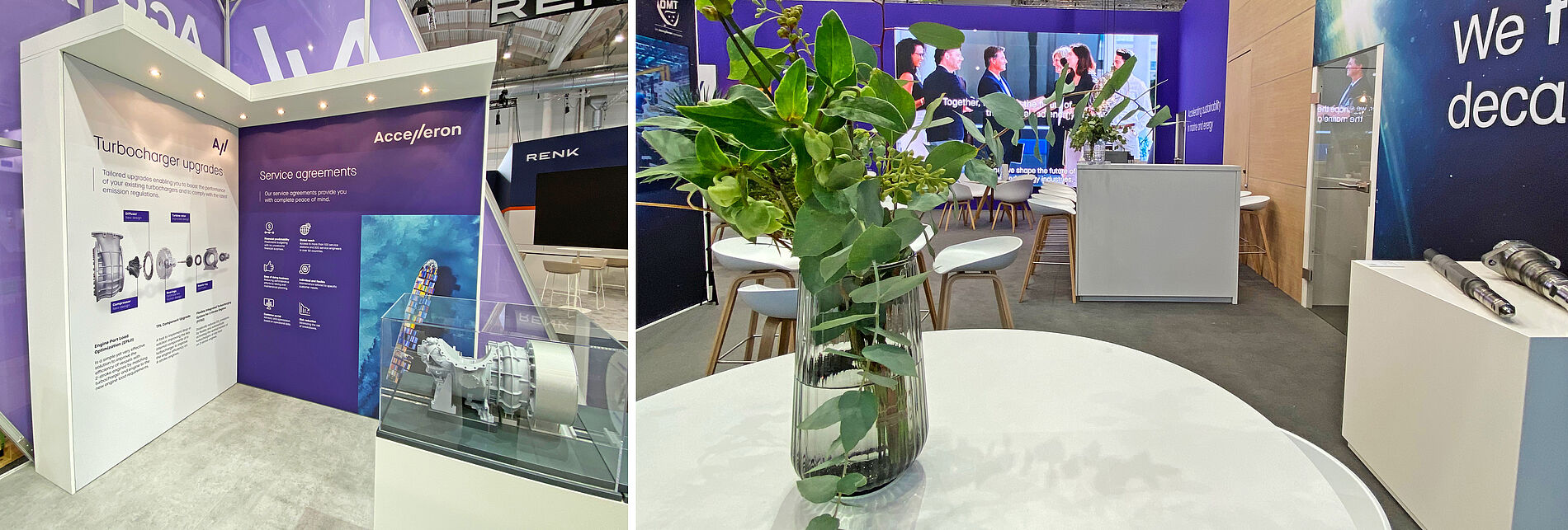 Messestand von Accelleron mit Infotafeln zu Turbolader-Upgrades, einem ausgestellten technischen Modell in einer Glasvitrine und modernen Sitzbereichen mit Dekoration durch grüne Pflanzen.