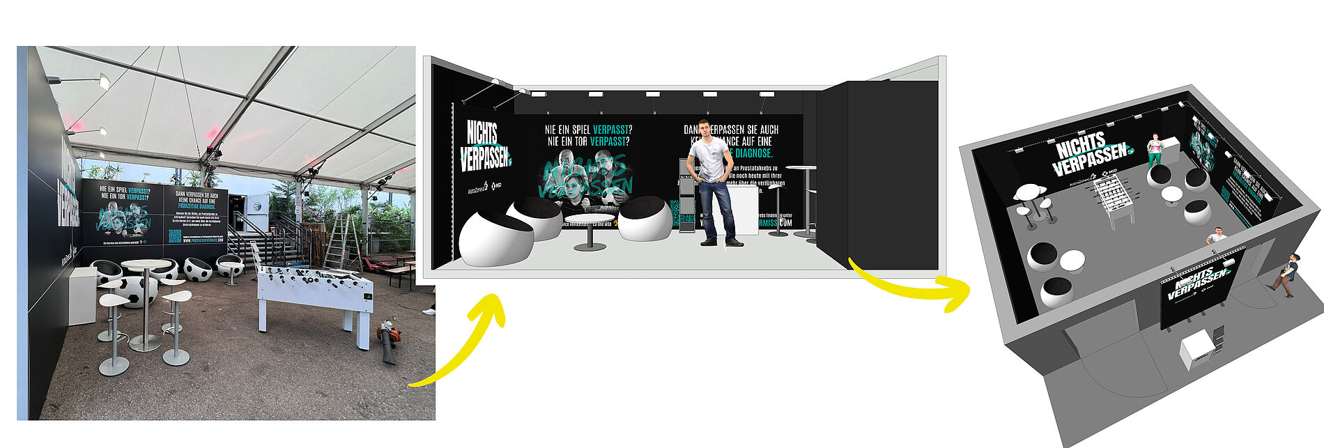 Drei Ansichten eines Messestands mit schwarzer Rückwand und Fußballthema – links ein realer Aufbau mit Kicker, Barhockern und Sitzsäcken, in der Mitte ein digitaler Entwurf, rechts eine 3D-Ansicht der gesamten Fläche.