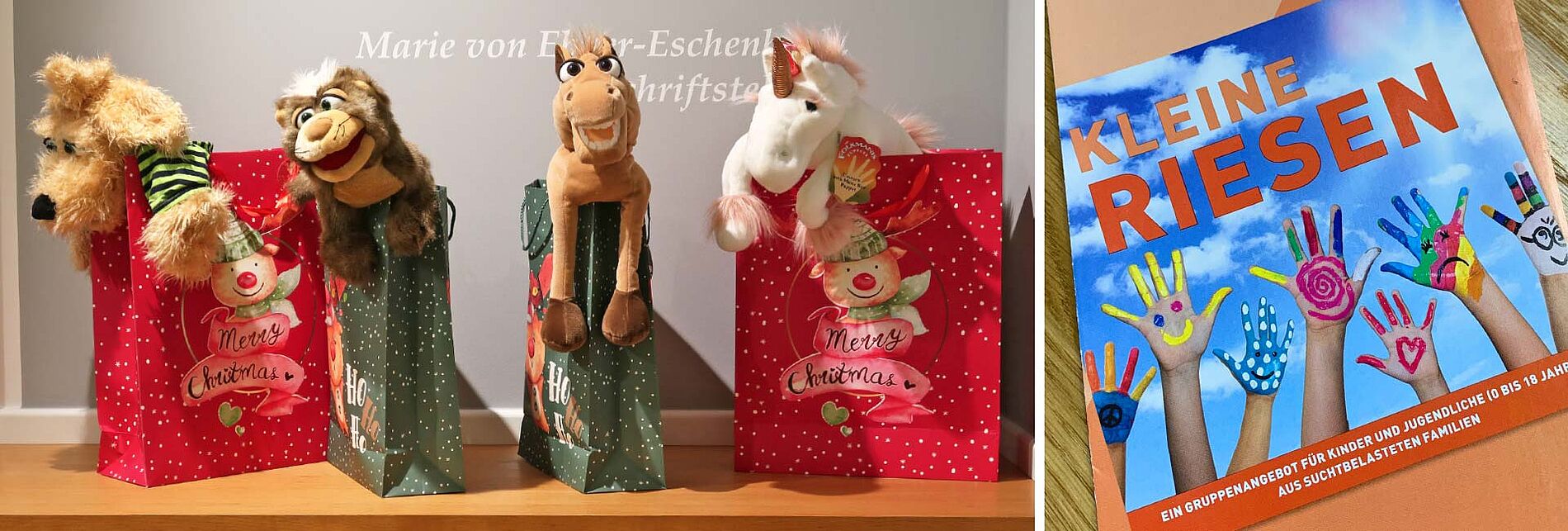 Vier bunte Weihnachtstüten mit Tierhandpuppen (Hund, Affe, Pferd, Einhorn) und ein Flyer der Initiative „KLEINE RIESEN“ mit bunt bemalten Kinderhänden und Informationen zu einem Gruppenangebot für Kinder aus suchtbelasteten Familien.