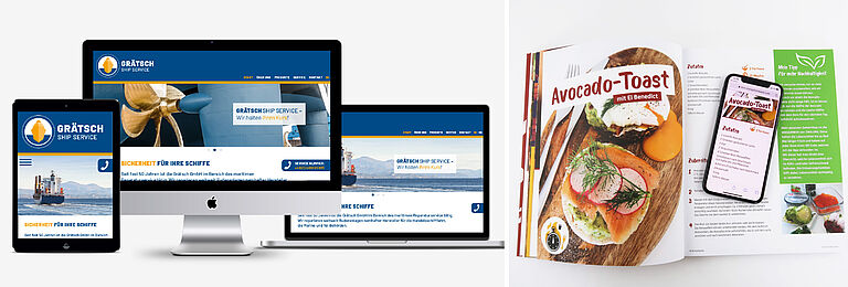 Links verschiedene Endgeräte mit Website-Ansicht von „Grätsch Ship Service“ (Tablet, Desktop, Laptop), rechts ein Food-Magazin mit Rezept für Avocado-Toast und ein Smartphone, das das Rezept mobil darstellt.