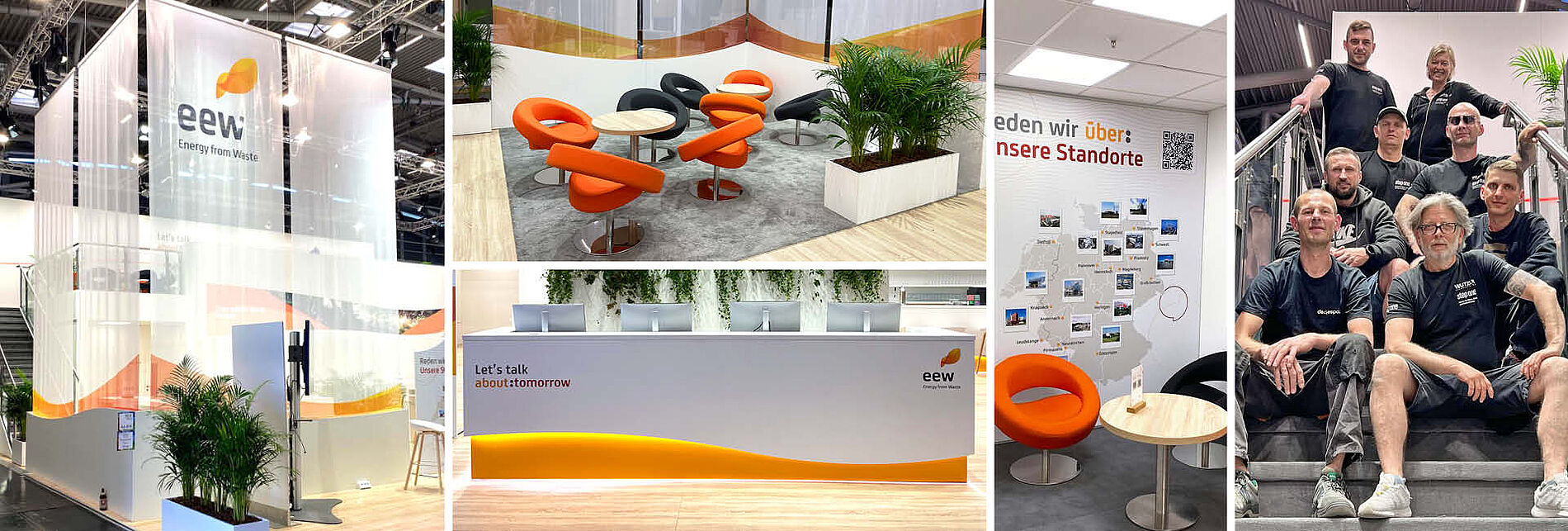 Messestand von eew – Energy from Waste mit halbtransparentem Design, orangefarbenen Loungestühlen, Info-Counter und einem Gruppenfoto des Wutzler-Aufbauteams auf einer Treppe.