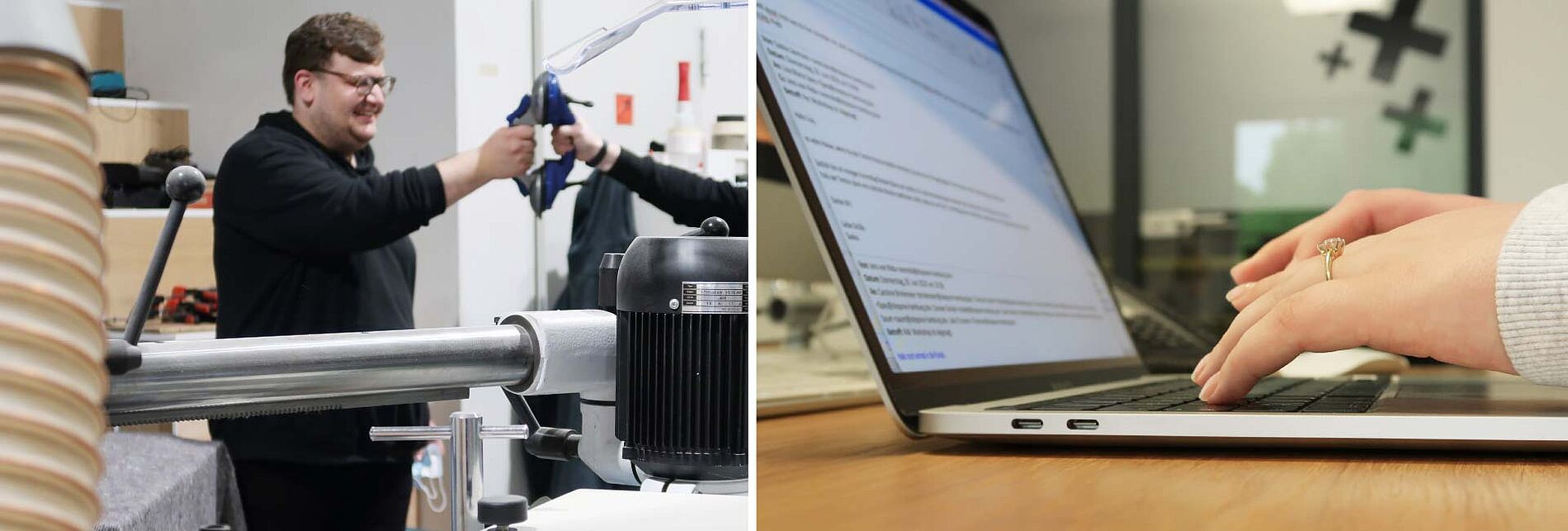 Links: Zwei Personen arbeiten gemeinsam in einer Werkstatt mit Maschinen und Werkzeugen. Rechts: Hände tippen auf einer Laptop-Tastatur in einem modernen Büro mit Glastrennwand.
