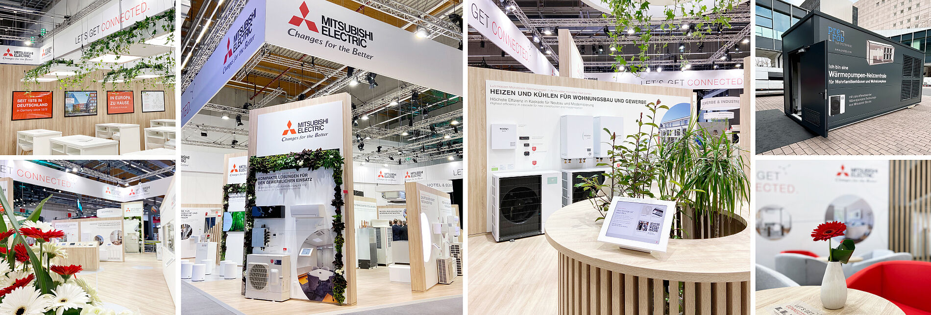 Mehrere Perspektiven des Mitsubishi Electric Messestands. Zu sehen sind moderne Klimasysteme, Informationsflächen, Pflanzen- und Holzelemente sowie ein mobiler Wärmepumpen-Container im Außenbereich.