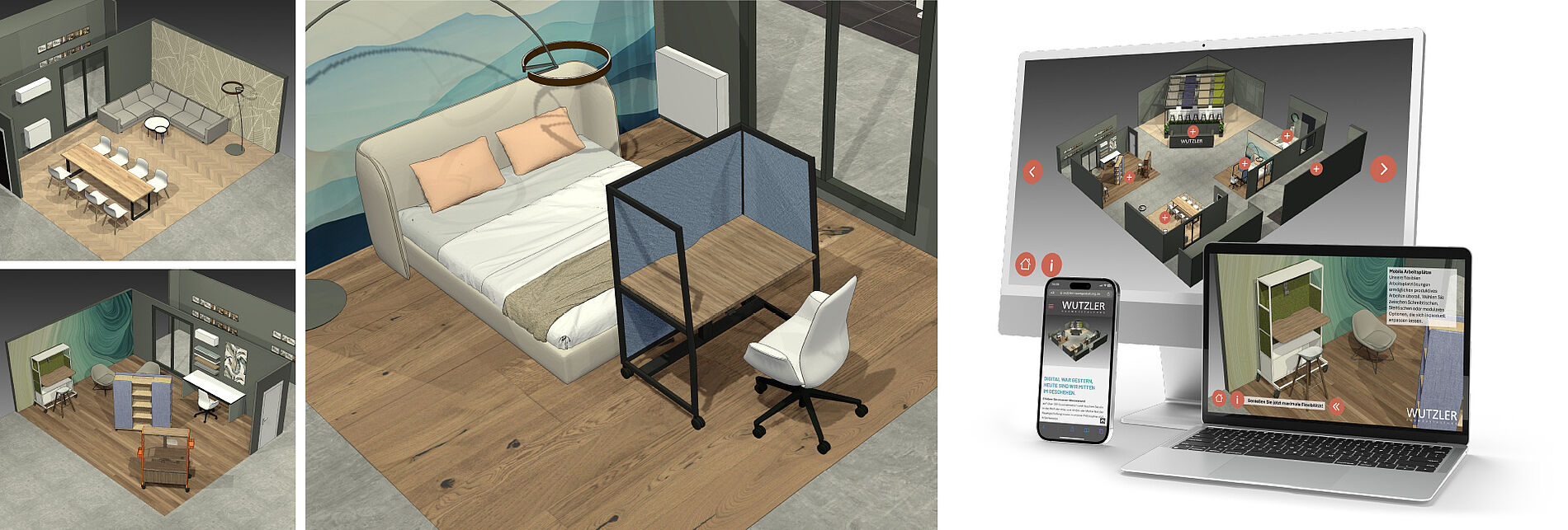 3D-Visualisierungen von Räumen mit Schreibtisch, Sofa und Bett sowie Darstellung auf Monitor, Laptop und Smartphone für digitale Raumplanung.