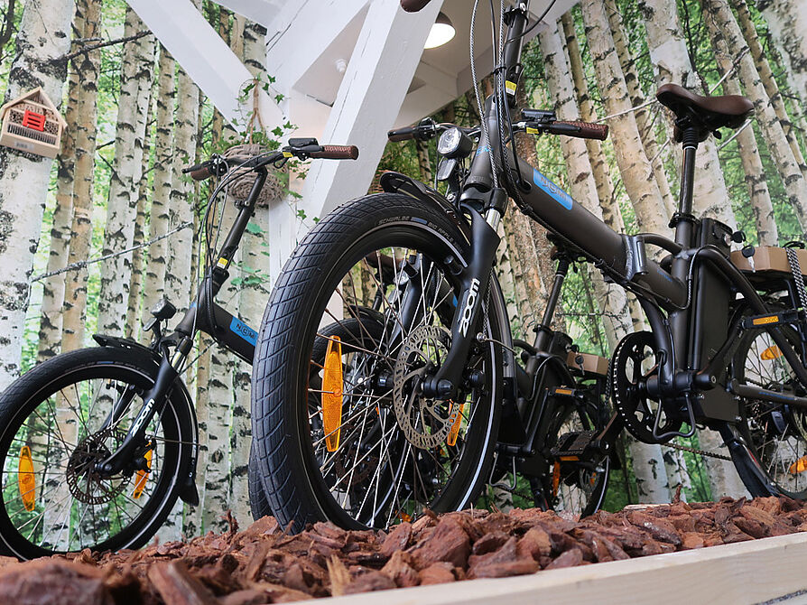 Mehrere schwarze E-Bikes stehen auf einer Holzfläche in einem Showroom mit Birkenwald-Tapete und Naturdeko.