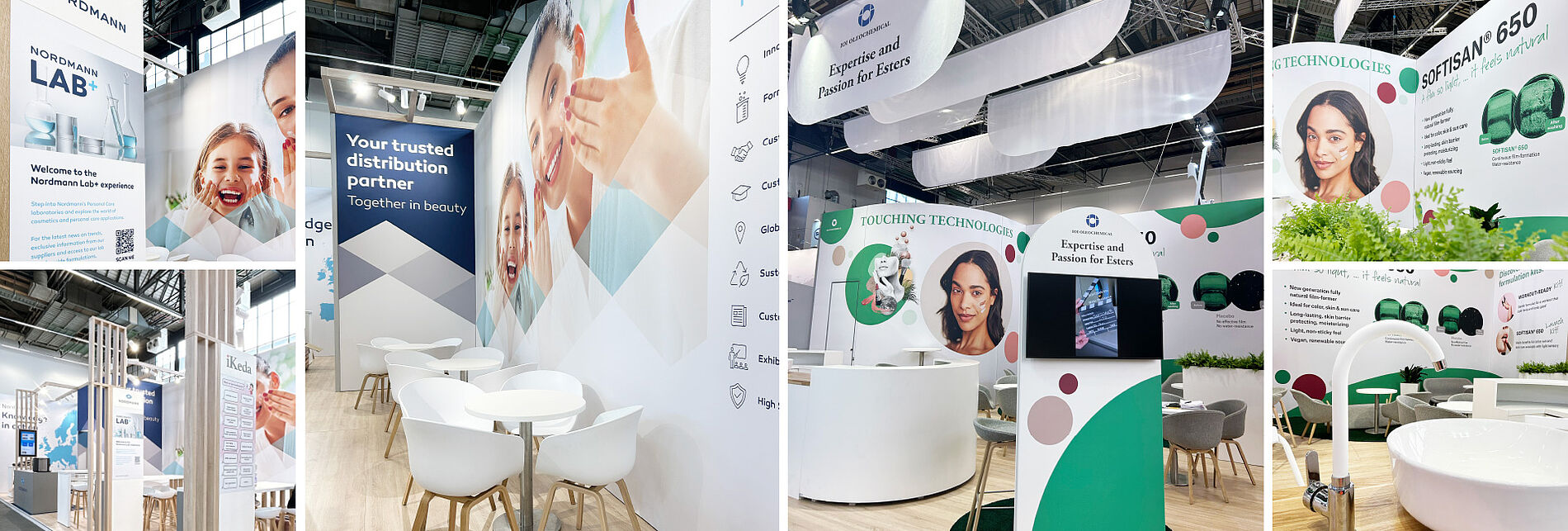 Heller Messestand mit weißen Möbeln, großformatigen Bildern glücklicher Menschen, Infotafeln zu kosmetischen Inhaltsstoffen und nachhaltigen Technologien, ergänzt durch Pflanzen und digitale Bildschirme.