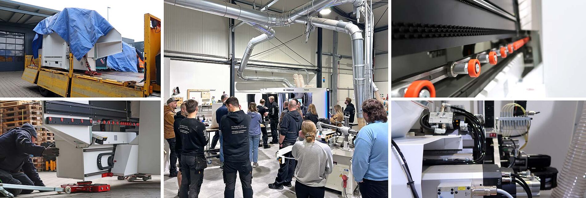 Mehrere Bilder zeigen den Anlieferungsprozess, technische Details und die Inbetriebnahme der CNC-Bohrmaschine Homag DRILLTEQ V-310 mit Mitarbeitenden in einer Produktionshalle.