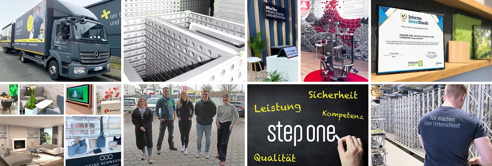 Collage mit verschiedenen Eindrücken aus dem Unternehmen step one: LKWs, Messebau, technische Komponenten, Teamfoto, Auszeichnung, Kundenprojekte und einem Mitarbeitenden mit dem Rücken zur Kamera – Shirtaufschrift: „Wir machen den Unterschied!“.
