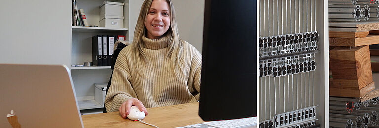 Links eine Frau in beigem Rollkragenpullover arbeitet lächelnd am Computer, rechts technische Details von Aluminiumprofilen und Holzplatten in einem Lager oder einer Werkstatt.