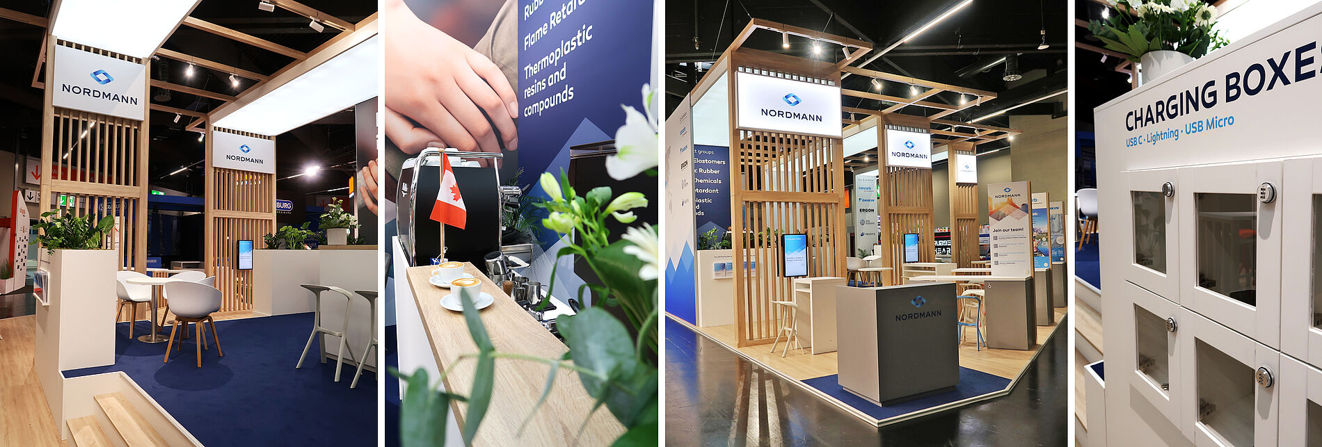 Nordmann-Messestand mit offenen Holzelementen, gemütlichen Sitzgruppen, Kaffeetheke, Ladestationen und einem modernen, pflanzenbetonten Design auf blauem Teppichboden.
