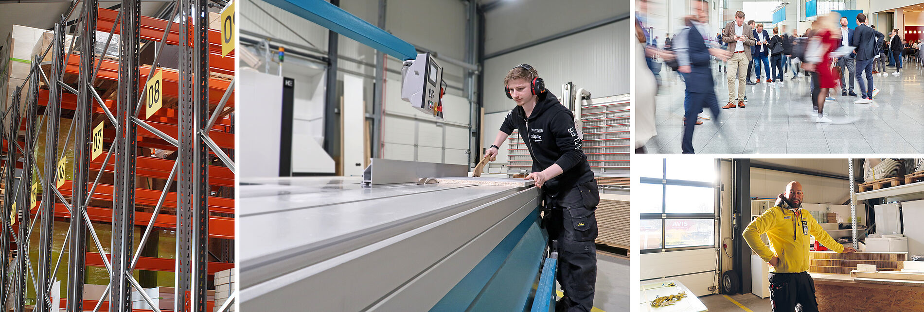 Kollage mit Regallager, junger Mann an Formatkreissäge, Menschenmenge auf Messe, Mitarbeiter mit gelber Jacke in Werkstatt – Fokus auf Handwerk, Logistik und Messebetrieb.
